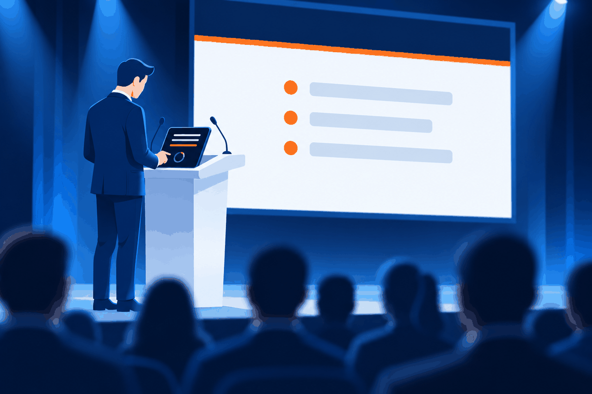 Un orateur au pupitre avec une tablette prompteur, la slide sur grand écran derrière lui