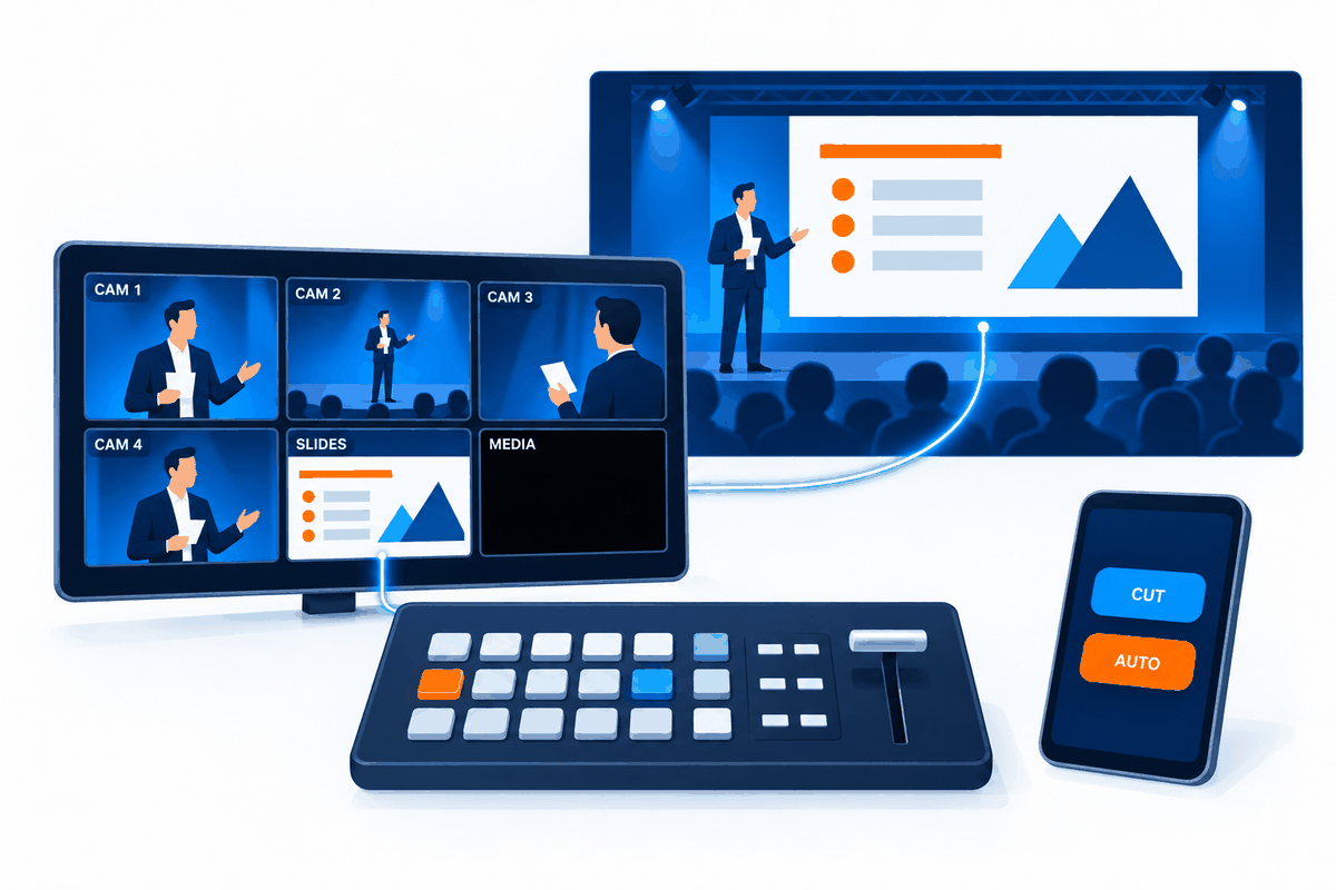 Un téléphone affichant la télécommande, un Stream Deck et une tablette prompteur